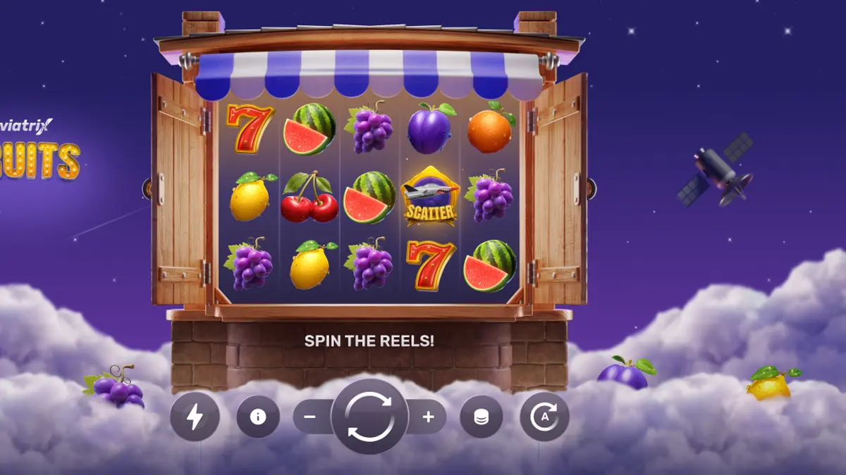 Interface do jogo de slot Aviatrix Fruits com elementos de aviação e frutas clássicas