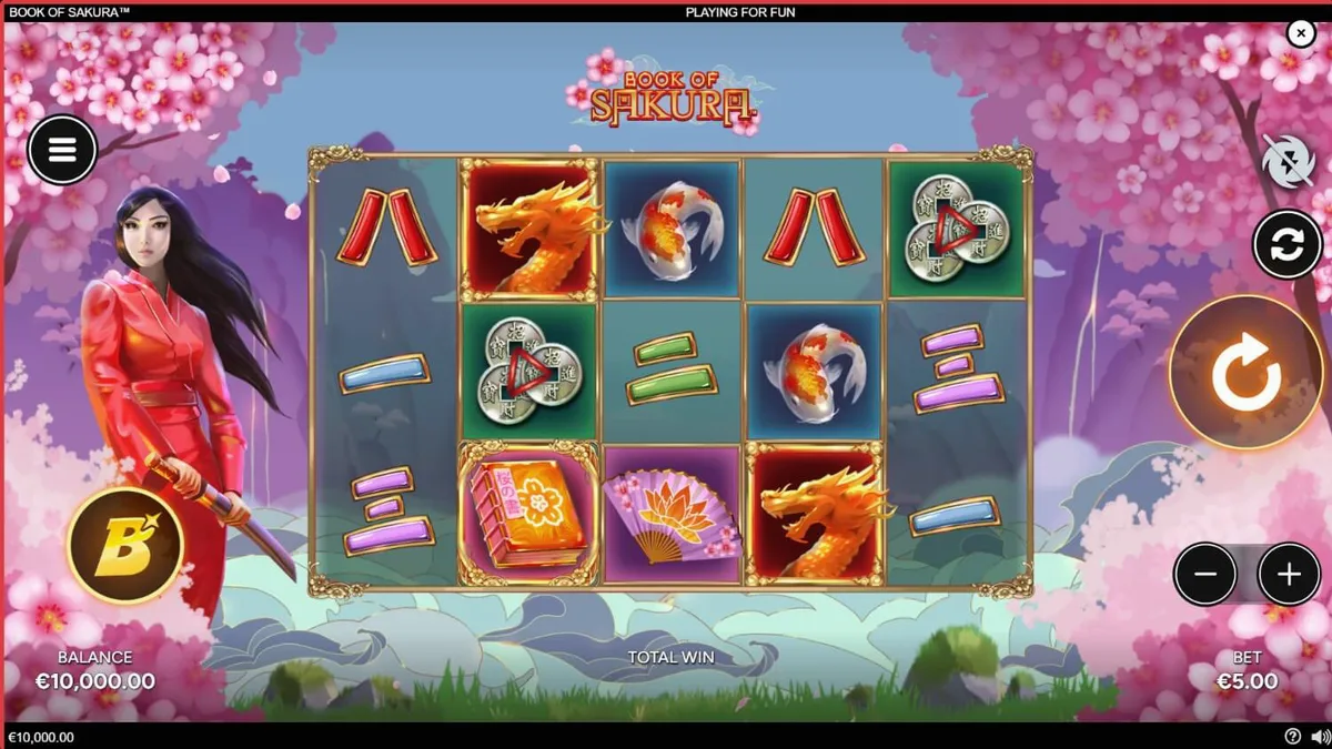 Cenário sereno de flores de cerejeira no slot Book of Sakura